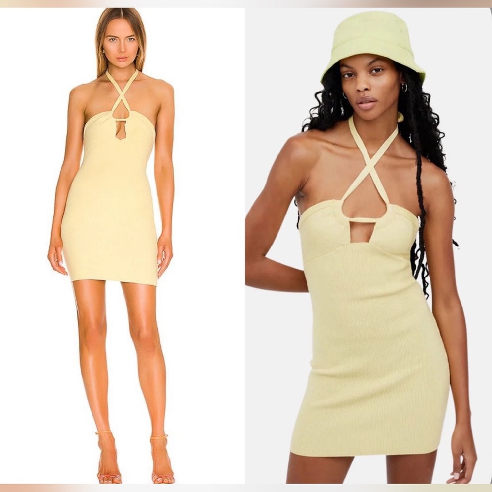 For Love & Lemons Mona Yellow Knit Mini Dress Crossocer Keyhole Small S NWT